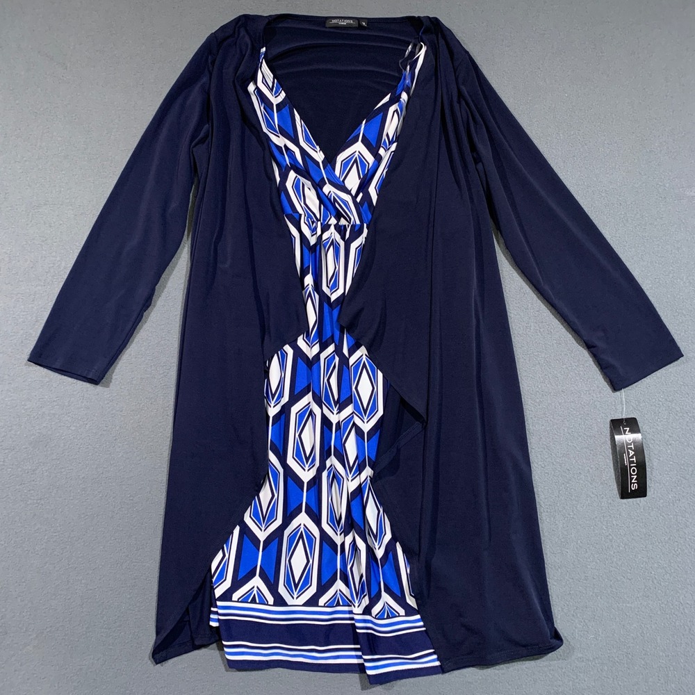 New With Tag Notations Woman 1X Navy Blue Dress Geometric Print Long Sleeve NWT